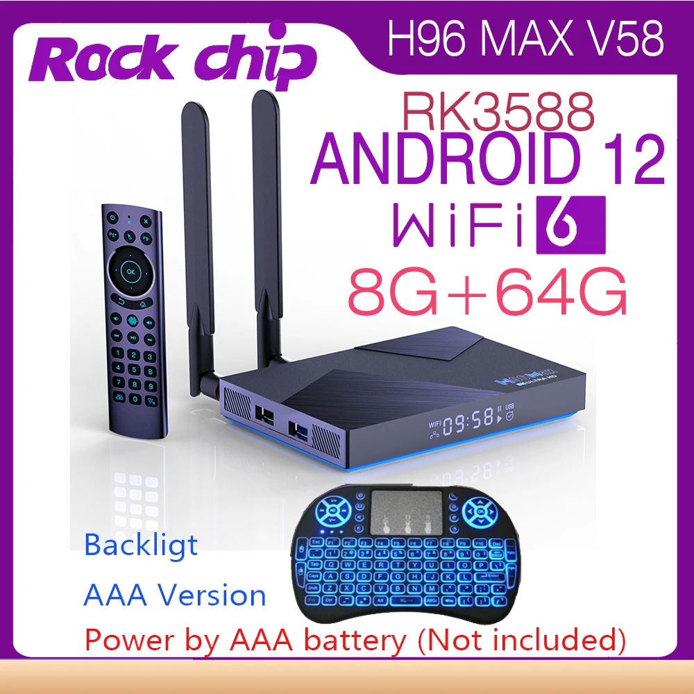 

Android 12.0 Wifi6.0 Quad Core Rockchip RK3588 4GB 8GB 32GB 64GB 1000M LAN 2.4G 5G Dual Wifi BT4.0 Smart TV Box H96 MAX V58