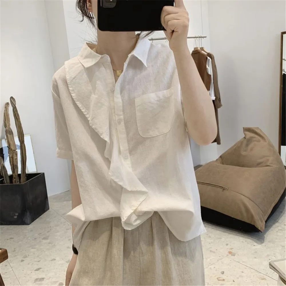 

Women Leisure Blouse Solie Color Short Sleeve Ruffle Patchwork Single-breasted Lapel Slim Elegant Chic Ladies Blouse For Summer