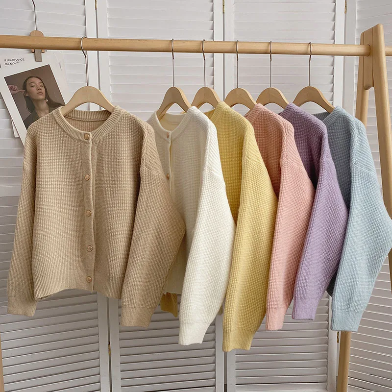 

Pink Sweater Autumn Winter 2022 NEW Korean Style Simple Short Solid Color Women Single-breasted Knit Cardigan Jacket Top