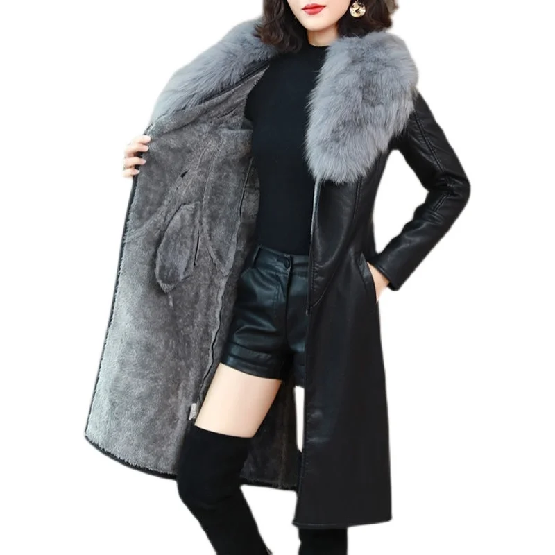Luxury Faux  Fur Collar Winter Leather Coat Women's Plush Thickened Medium Long Korean Style Imperial Slim Waist Leather Coat