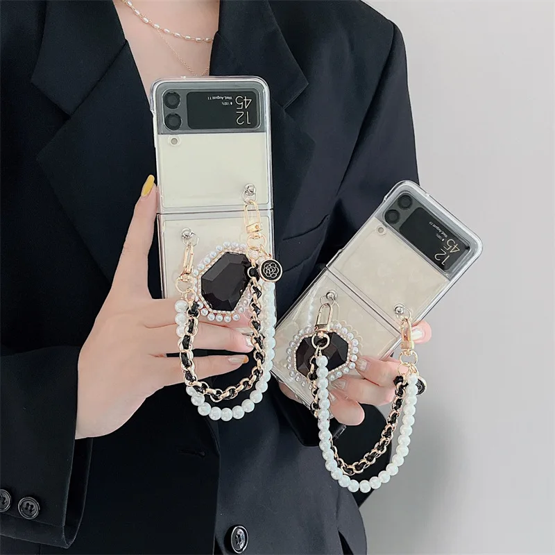 

Pearls Chains Hearts Sticker Diamond Phone Stand Case for Samsung Galaxy Z Flip 3 Hard PC Back Cover for ZFlip3 Cases Shell