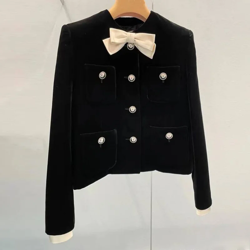 M 2022 New Women Bow Suit Women's Jacket Black Velvet Bow Crop Top and Short Skirt Small Suit with Tag and Logo