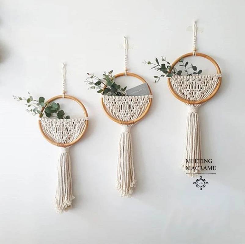 

Macrame Wall Hanging Nordic Ins Door Wall Decoration Home Background Round Wall Tapestry Woven Flower Pot Dorm Room Decor