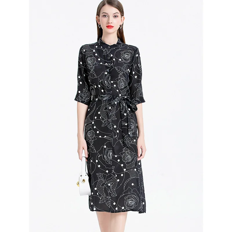 Elegant 100% Silk Dress for Women Standard Collar Half Sleeve Waist Lace-up  Bodycon Dress 3D Printing Single Breasted Dresses
