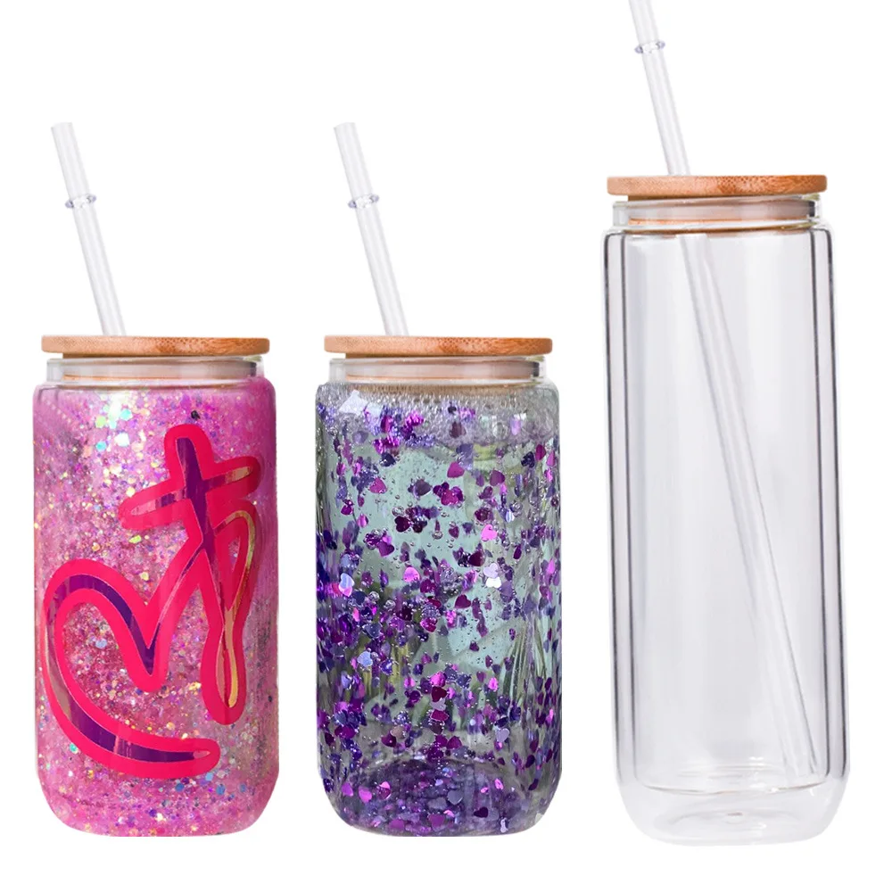 

16oz Color Sublimation Straw Cup Glass Bamboo Lid Mason Bottle Clear Cola Can Frosted Straight Body Cold Drink Coffee Juice Cup