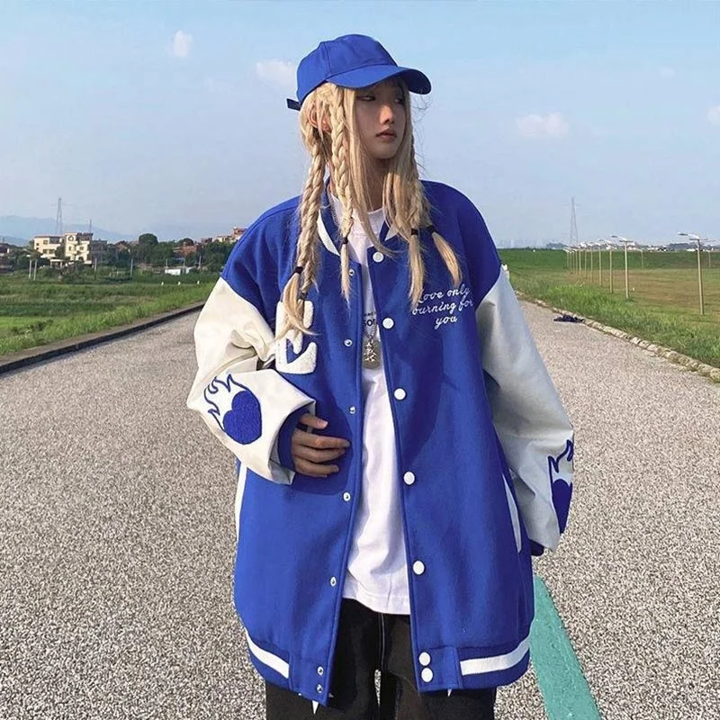 

Women Casual Patchwork Baseball Students Korean Streetwear New Coats Lette Printing Embroidery Loose Jackets