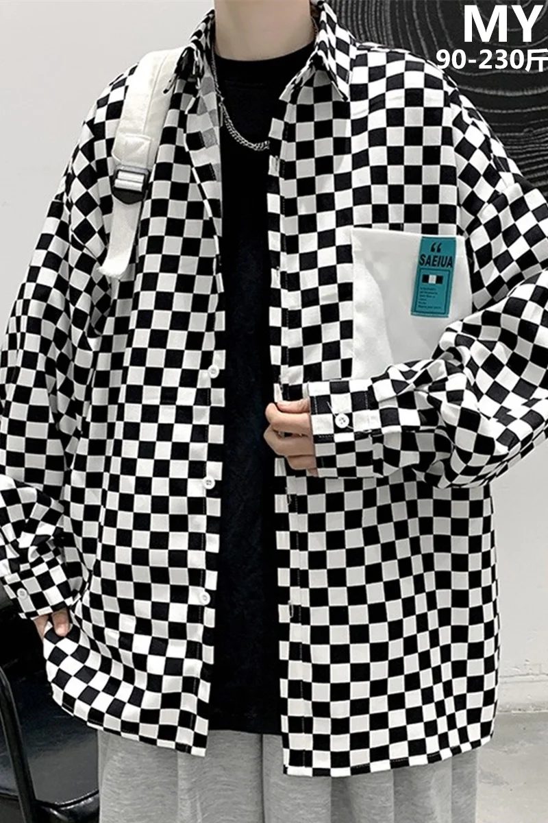 High street ins checkerboard long sleeved shirt men's spring clothes plus fat plus size trendy fat people loose casual coat images - 6