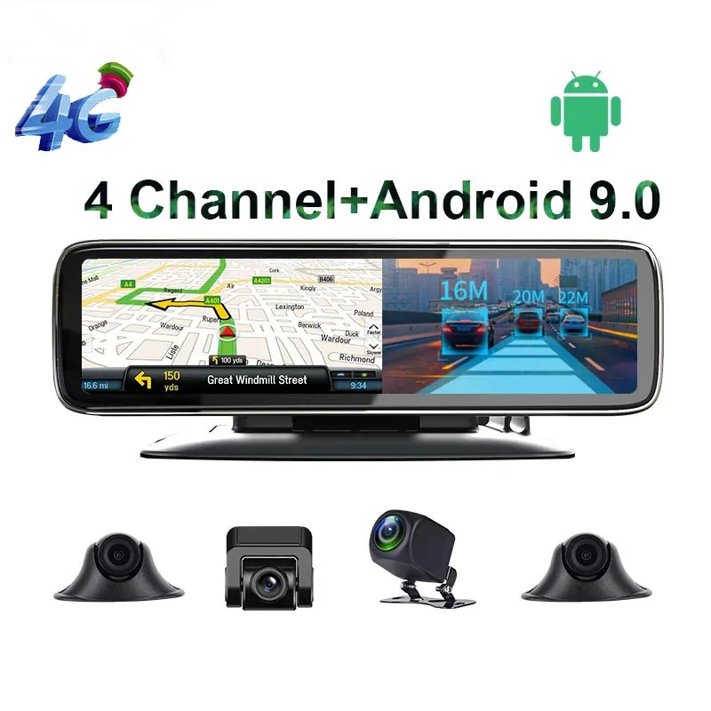 

11.26" Car Dash Cam 4 Channel Lens 4G Android 9.0 ADAS Dashboard Car DVR Video Recorder HD Rearview Mirror Camera Auto Registrar