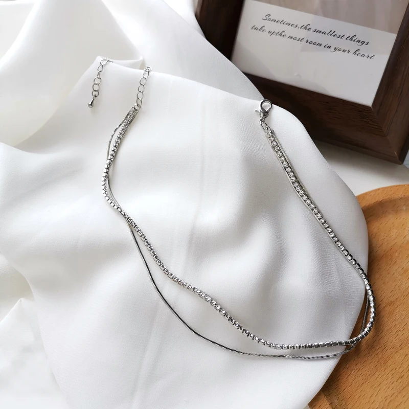 

Korean Bright Diamond Necklace Temperament Double Women Necklace Simple Fashion Chain Chocker 1635