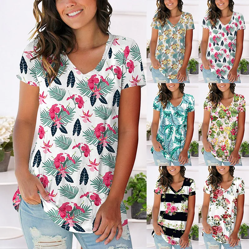

2022 Summer New Fashion Casual Loose V-neck Short-sleeved T-shirt Women