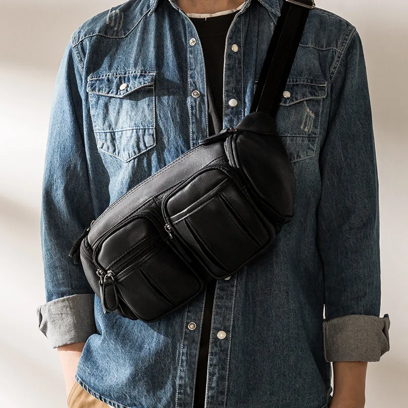 Simple casual desig first layer cowhide men black messenger bag daily outdoor light hot selling natural real leather chest bag