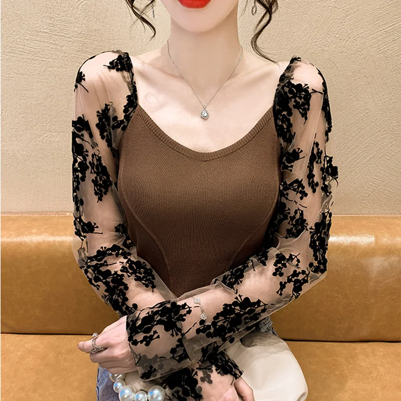 

Vintage Chiffon Sleeve New 2022 Spring Long Sleeved Women's T-Shirt Elegant Slim V-Neck Knitted Tops