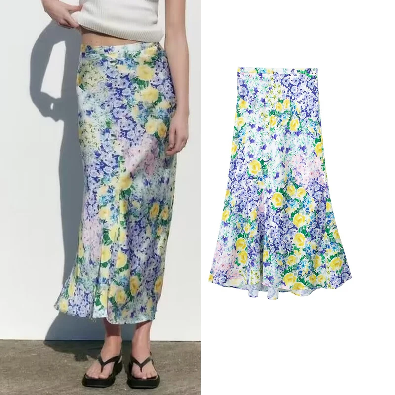 

Printed Long Skirts For Women Fashion 2023 Floral Mid-Waist Satin Skirt Vintage Skirt Woman Elegant Women's Party Skirts