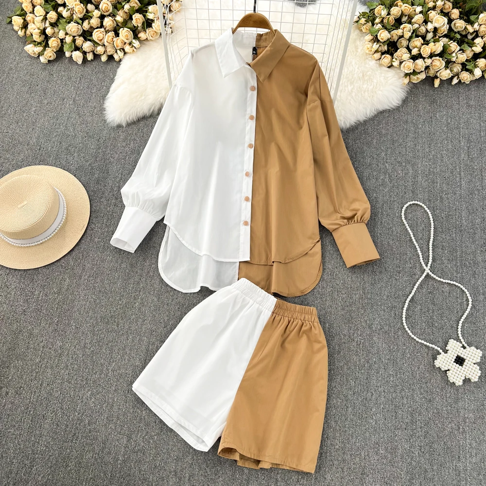 

SuperAen/модные комплекты, Женская Повседневная рубашка с длинным рукавом, контрастная свободная однобортная рубашка с высокой талией, широкие...