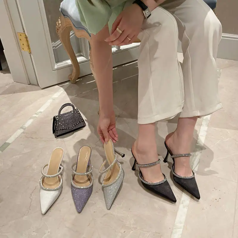 

Fashion Baotou half slippers female high-heeled outer wear 2022 new pointed rhinestone white stiletto sandals and slippers heels