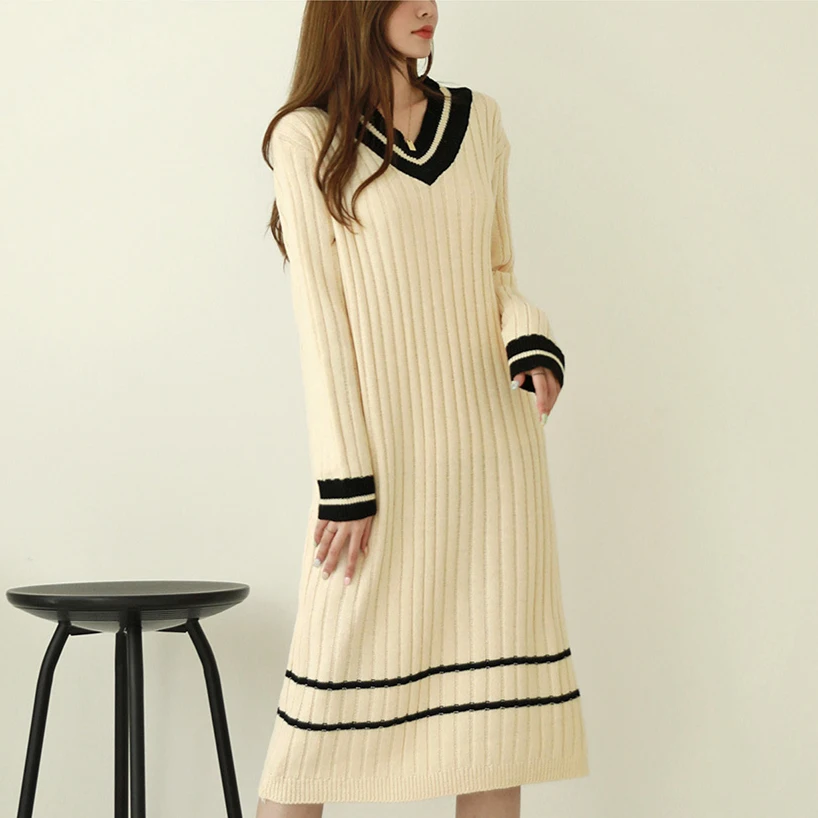 

Elegant Women V-Neck Loose Sweater Dress For Women Full Sleeve Female Knitted Midi Dresses 2022 Autumn Winter Knitwear DS24