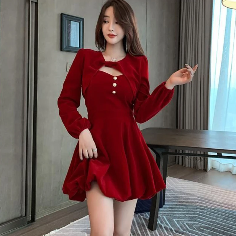 

Retro Red Velvet Party Sexy Mini Dress Sets Women Long Sleeve Short Shawl+Sling A-line Dress Casual 2 Piece Suits Femme New Year