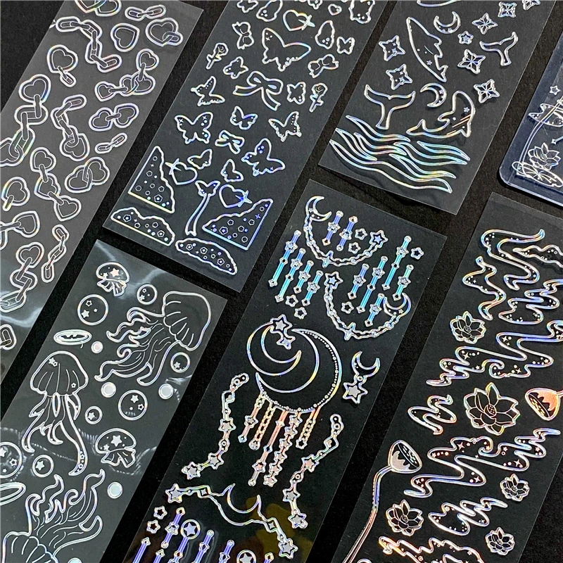 

Decor Korean Bronzing Laser Silver Jellyfish Butterfly Whale Lotus Stickers Kawaii Stationery DIY Diary Album Decorative Sticker