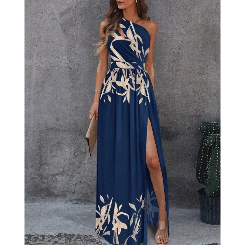

Women's Printed Sloping Shoulder Dress Elegance Sleeveless Sexy Split Maxi Dress Polyester Autumn
