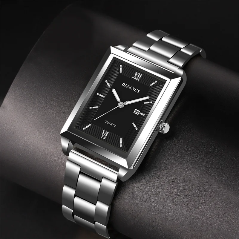Fashion Mens Business Watches for Men Rectangle Stainless Steel Quartz Wrist Watch Man Casual Leather Watch relogio masculino