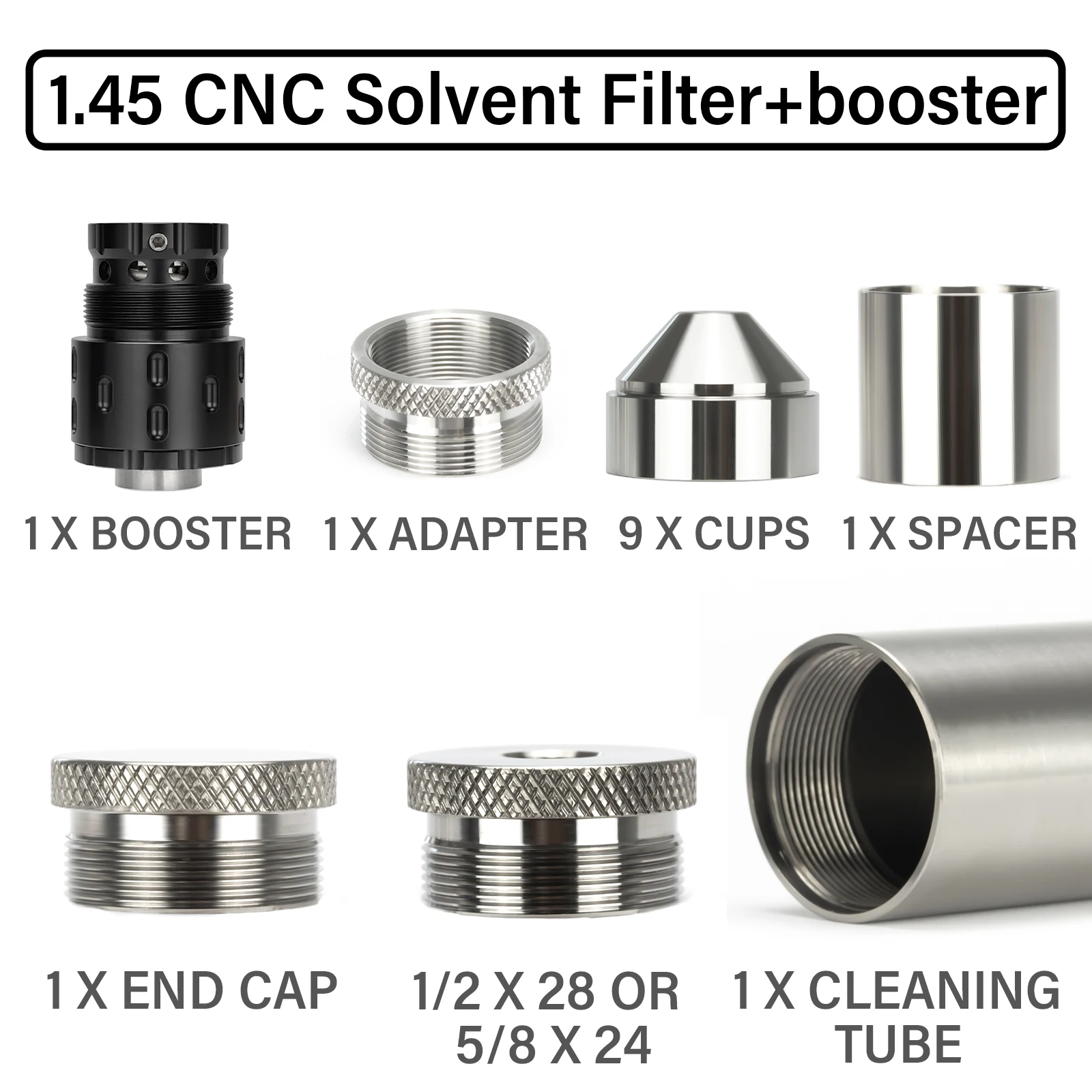 

1.45"OD 7"L Titanium Solvent Tube Filter 9x CNC Stainless Steel Cups End Cap 1/2x28 with 1/2x28,.578x28,9/16x24x13.5x1LH Booster