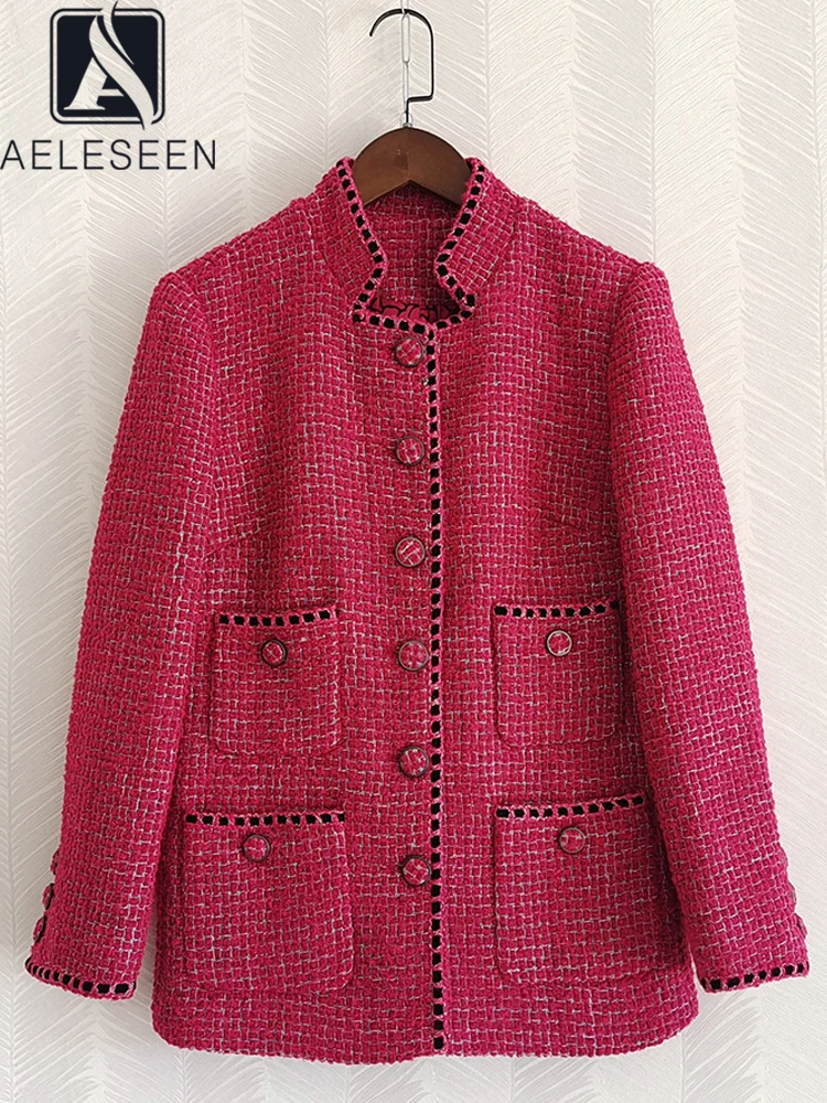 

AELESEEN 2022 Women Autumn Winter Runway Fashion Coat Turtleneck Red Plaid Single-Breasted Pocket Elegant Vacation Warm Jacket