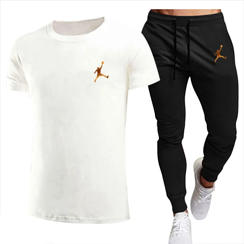 2023 Men's Leisure Sports Suit Men's Leisure Fitness Sports Suit Short Sleeve T-shirt + Trousers