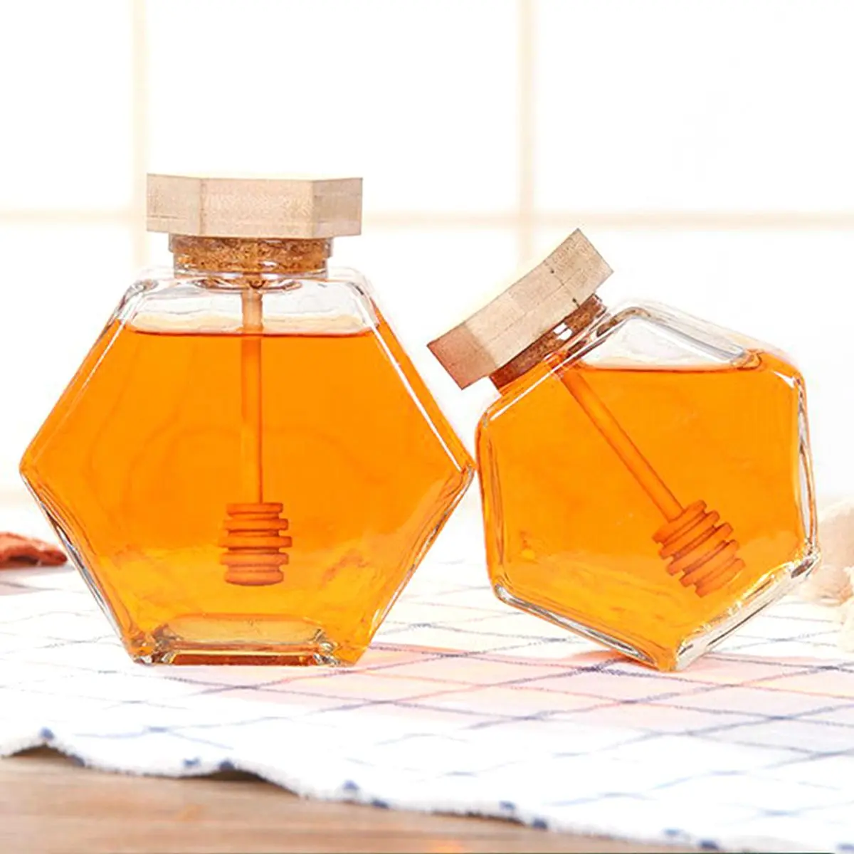 Glass Honey Bottle Hexagonal Transparent with Cork Lid Wooden Stirring Rod Mini Honey Jar for Party Favors