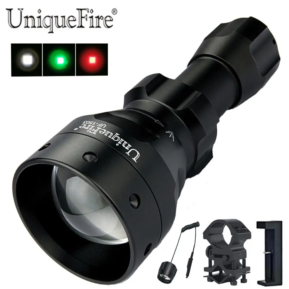 UniqueFire 1503 XPE Green/Red/White Light LED Flashlight 3M Zoomable Torch with Tail Switch,USB Charger,Scope Mount for Hunting