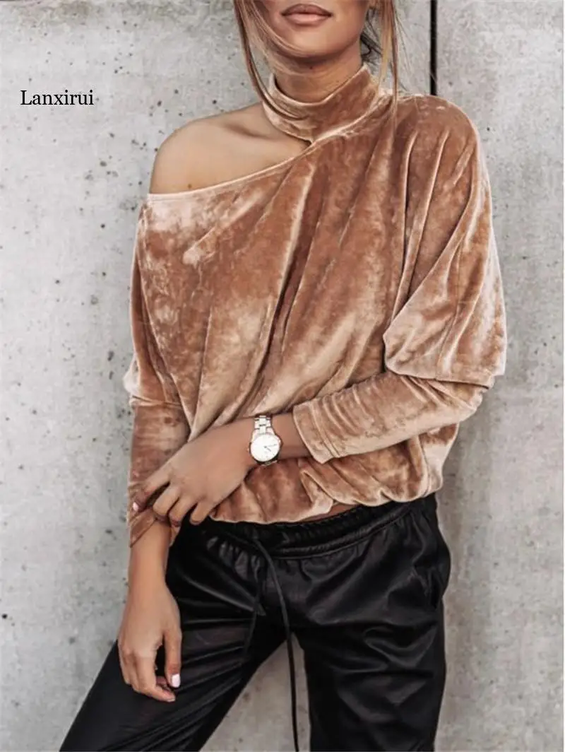 Fashion Women Off Shoulder Batwing Sleeve Tops Casual Long Sleeve Cut Out Asymmetrical Loose Shirt Top High Street Velvet Blouse