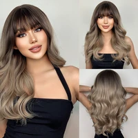 henry margu long ombre brown honey blonde wavy wig cosplay party daily synthetic wig with bangs for women high temperature fibre