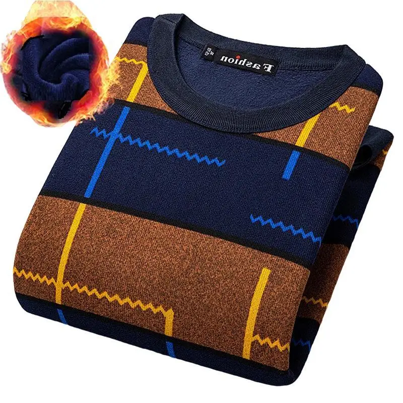 Свитер мужской зимний из тонкого флиса с круглым вырезом, Термоодежда, трикотажный приталенный пуловер с полосками, Мужская яркая одежда