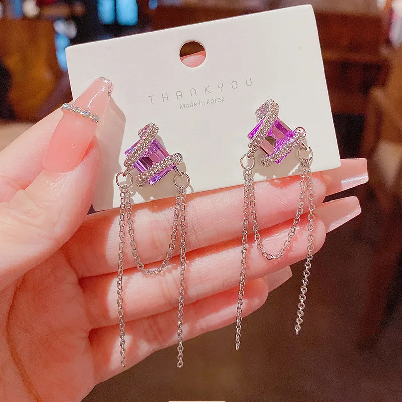 

Tassel Elegant Wedding Party Fuchsia Crystals CZ Drop Dangle Elegant Earrings For Women Ear Jewelry