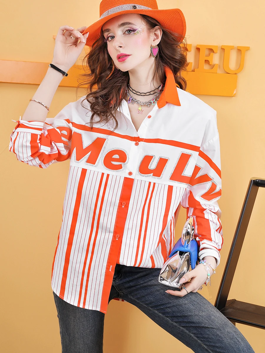 2024 Early Autumn European Goods Trendy Ozhouzhan Stripe Heavy Industry Top Shirts blouses Temperament Slimming Shirt E22