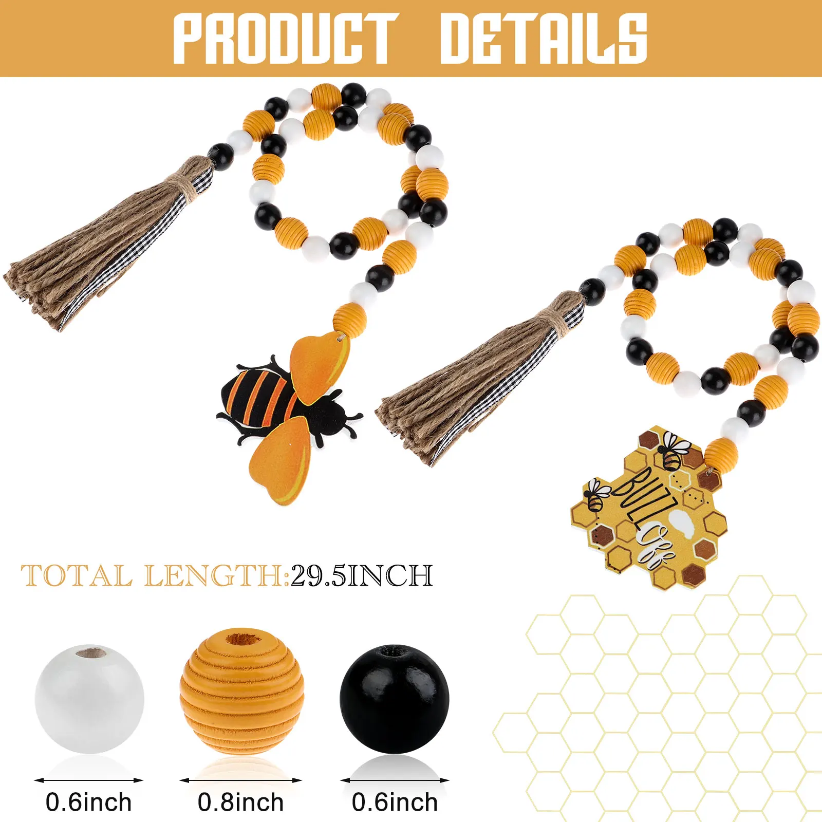

2 Pieces Bee Wood Bead Garland with Tassels Honeycomb Wood Bead Spring Summer Wo