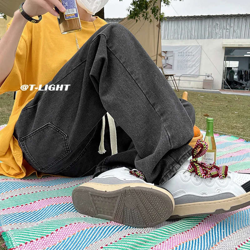 Grey/Blue Baggy Jeans Men Fashion Drawstring Casual Wide Leg Jeans Mens Streetwear Loose Hip Hop Straight Denim Pants Men S-3XL