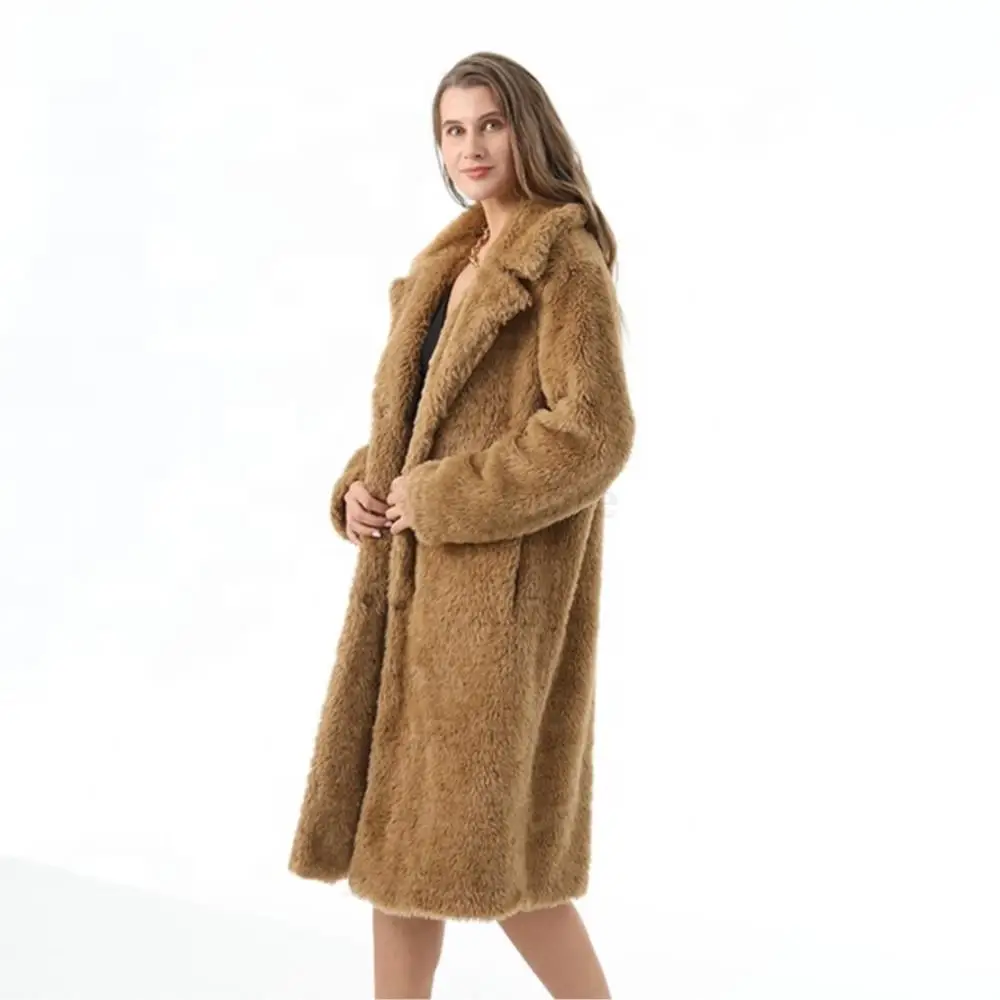 Women Winter Real Fur Long Fluffy Coat Single Breasted Lapel Pure Color Windbreaker Teddy Fleece Fashion Elegant Women Coat