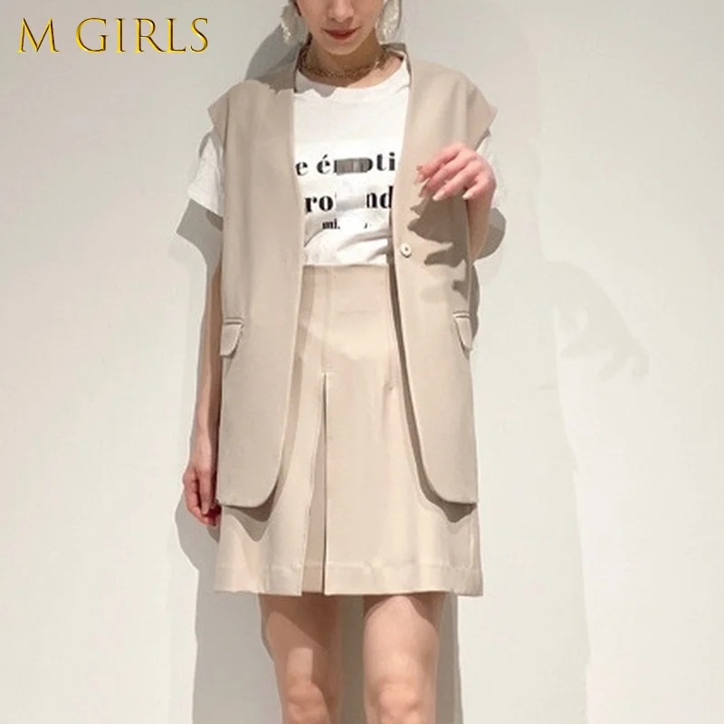 

M GIRLS 2022 New Spring Fashion Suit Vests for Women Solid Simple Notched Tops Sleeveless All Match Single Button Casual Coats