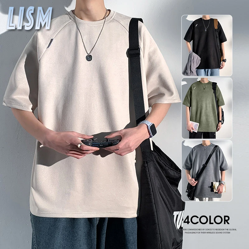 

LISM T-shirt For Men Summer Suede T Shirts Short Sleeve Tshirt Mens Casual Tops Tees Male Solid Color Crewneck Oversized Tshirts