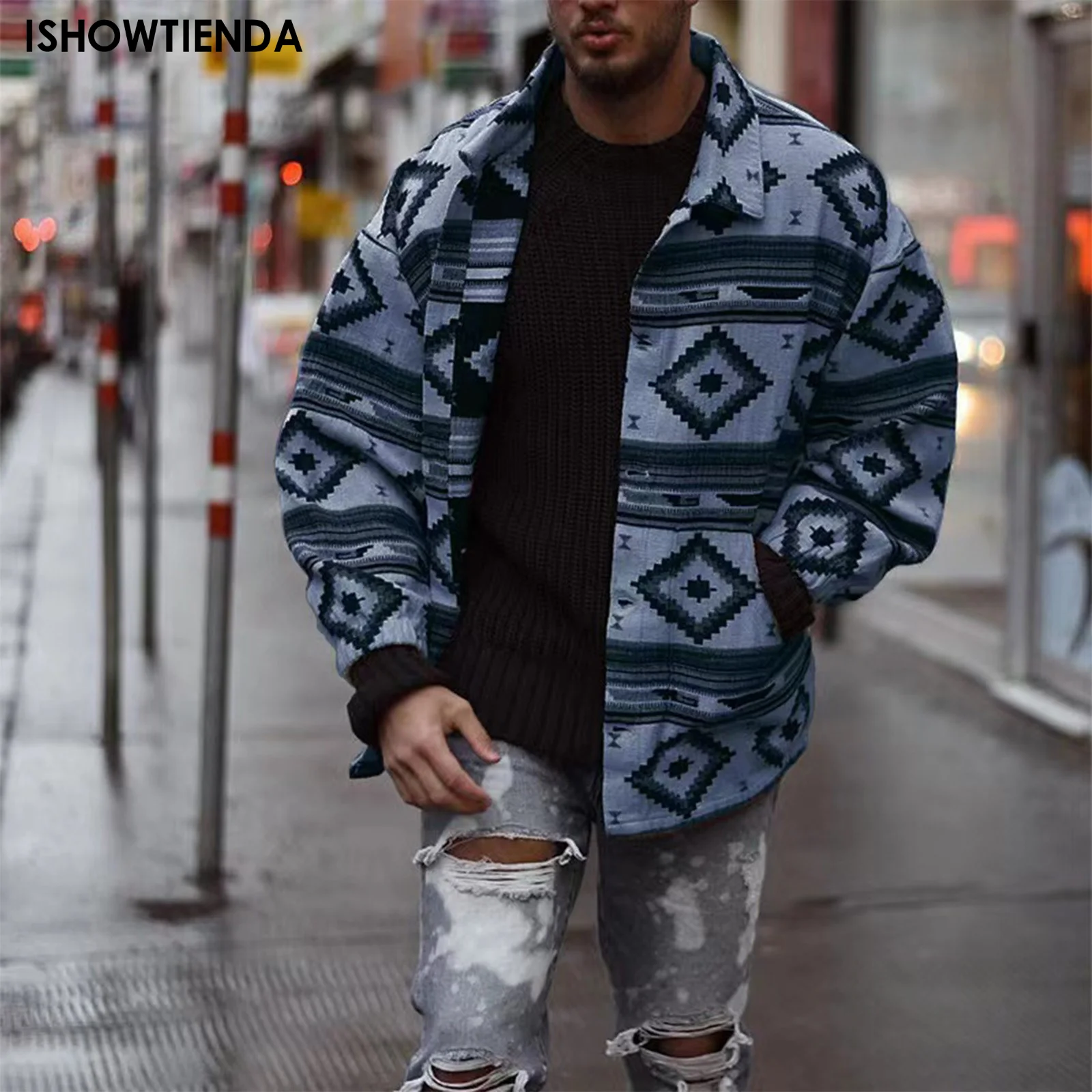 

Men's Jacket Vintage Geometric Pattern Jacket Men Autumn Winter Casual Long Sleeve Button Lapel Knitted Sweater Men's Cardigans