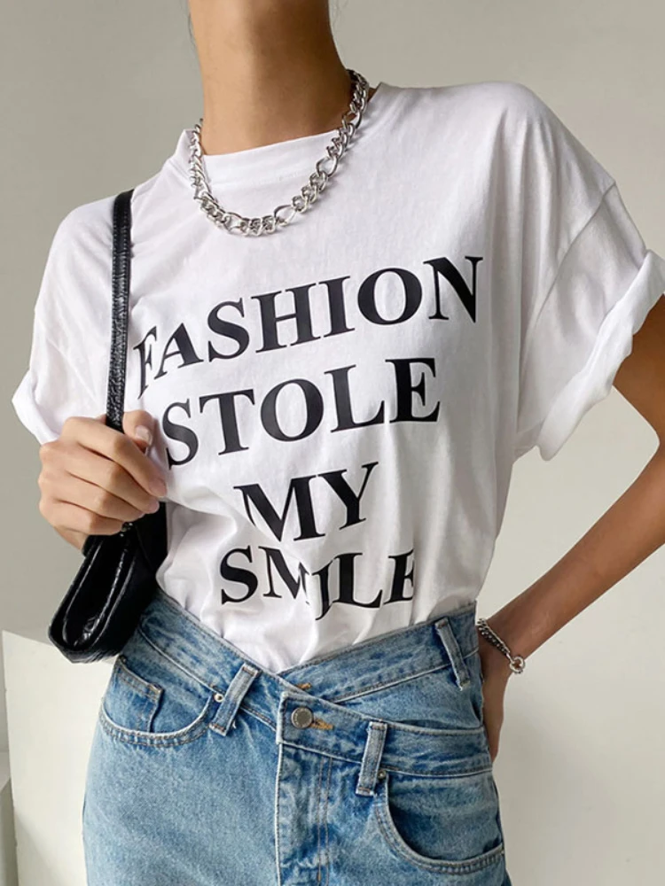 

Korean Chic Tshirts Ladies Summer O-neck Loose Casual Hit Color Letter Print Short Sleeve Simple T-shirt Top Women