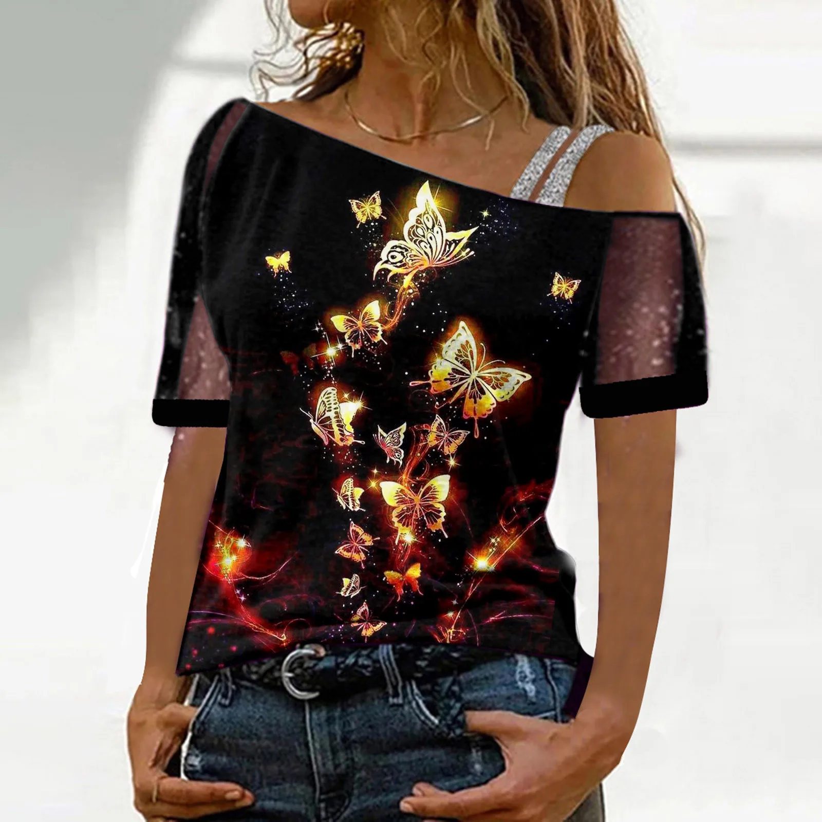 

Женская модная рубашка с принтом, топ с открытыми плечами, сексуальная блестящая женская рубашка, свободные женские футболки с длинным рука...