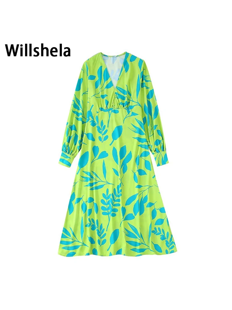 

Willshela женское модное платье миди с принтом на молнии сбоку винтажное платье с v-образным вырезом и длинными рукавами женское шикарное платье