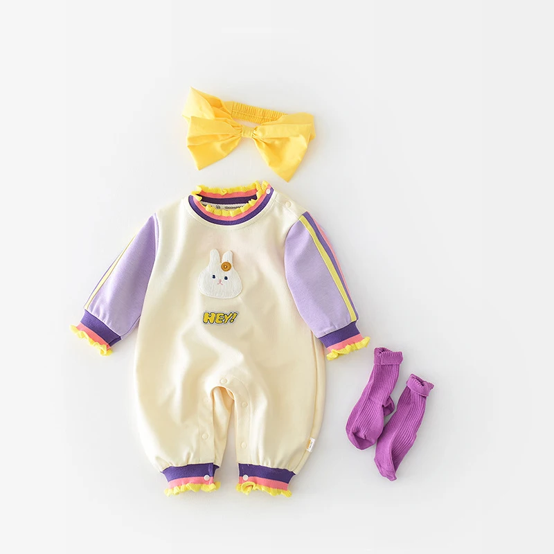 

Комбинезоны для маленьких девочек, весенние комбинезоны с длинным рукавом и рюшами на воротнике для новорожденных, Комбинезоны для младенцев в стиле пэчворк с кроликом, хлопковая одежда для малышей