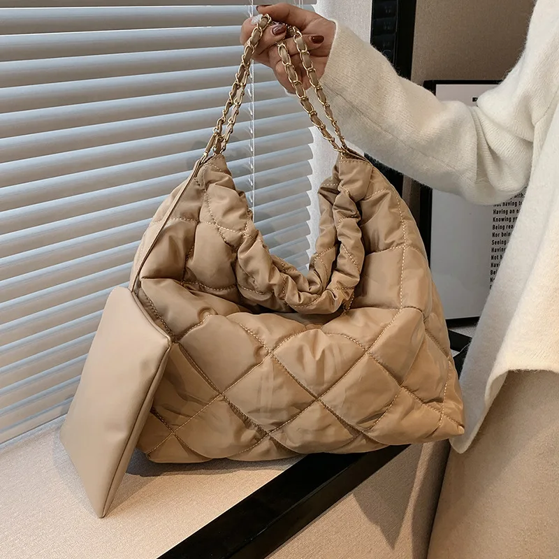 

Plaited Chain Square Nylon Padded Shoulder Bag Set for Women Winter Stylish Quilted Hobo Purse Big Shopper Handbag