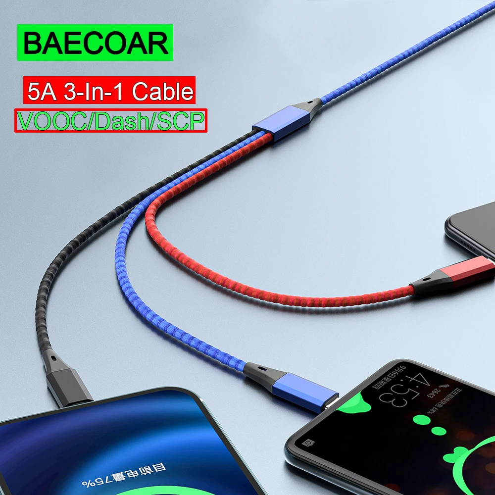 

BAECOAR 5A 3in1 Cable USB Type C Fast Charging Wire Fabric Weaving VOOC SCP Dash Quick Charge Support for OnePlus Realme OPPO