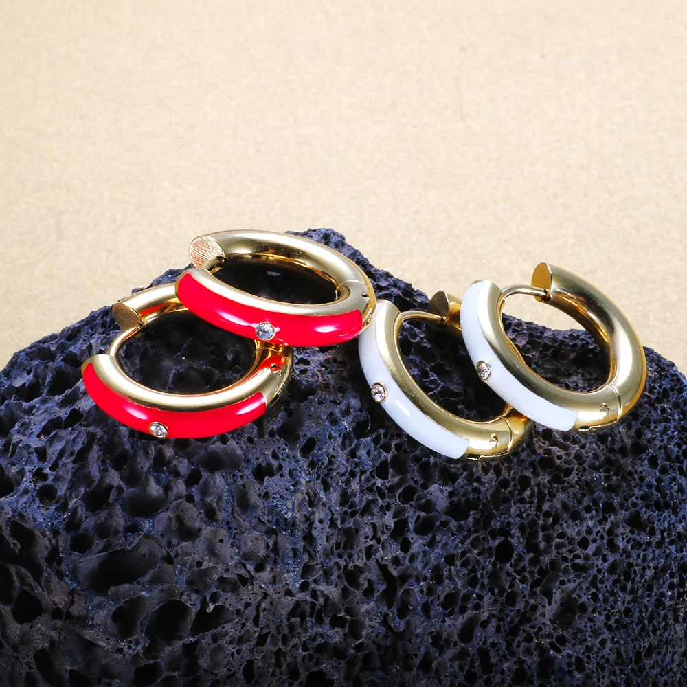 

Stainless Steel Colorful Enamel Hoop Earrings Simple Gold Color Round Circle Zircon Earrings for Women Daily Wear Ear Jewelry