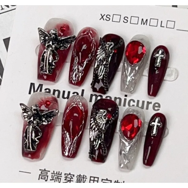 

10Pcs Handmade Y2k Press on Nails Goth Style Black and Red Halloween Fake Nails with Design Full Cover Long Coffin Acrylic Nail