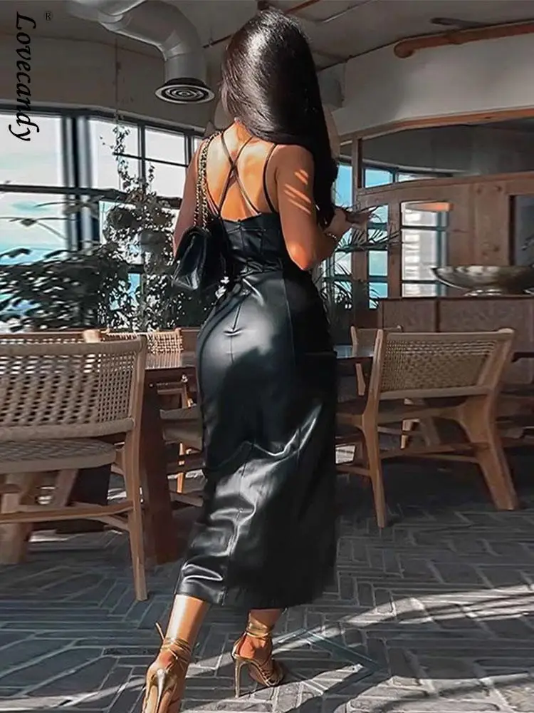 Женское кожаное платье-слинг Y2K с открытой спиной модные облегающие платья на