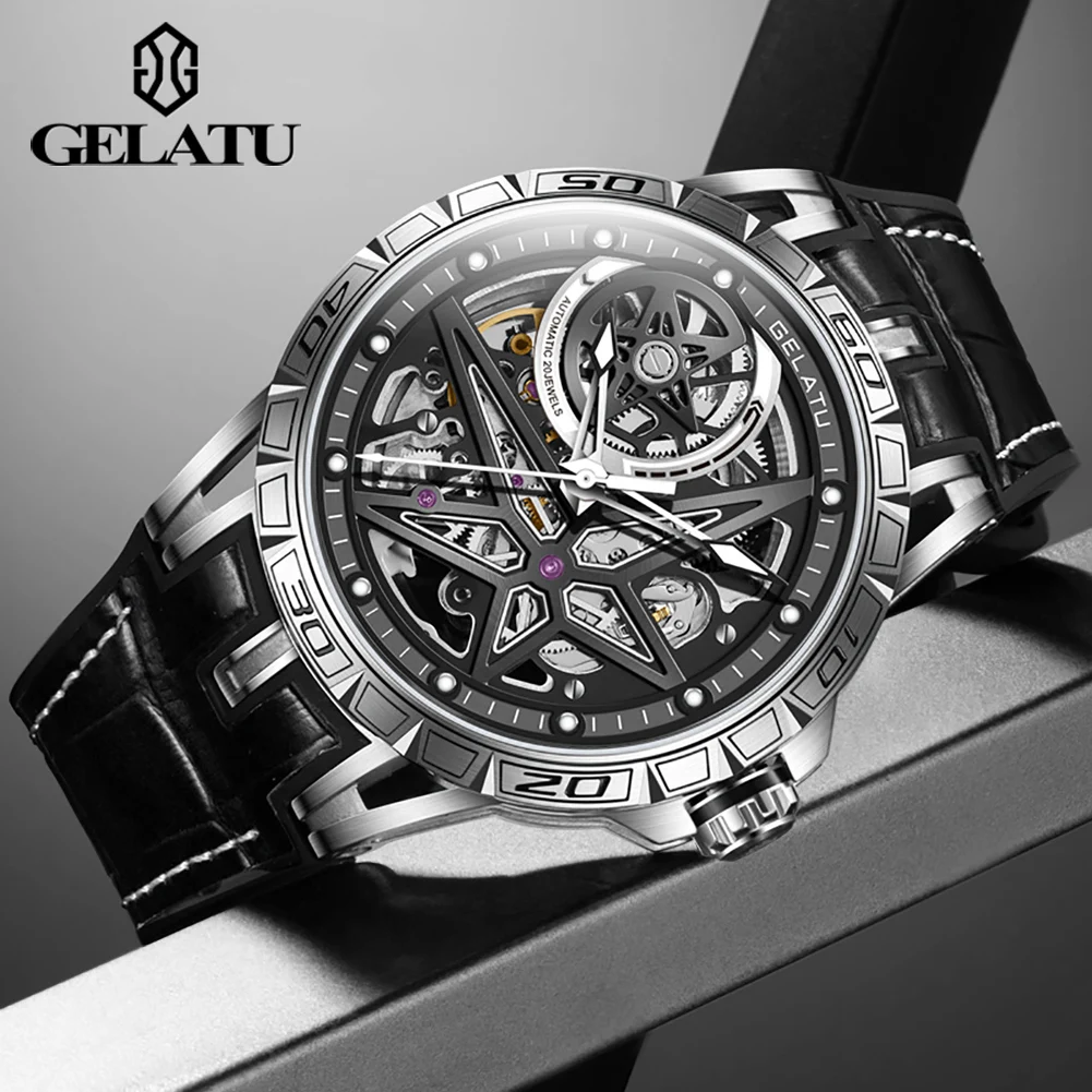 Фото Мужские часы GELATU 6009 TOP Brand, скелетон, автоматический механический механизм, кожаный ремешок №2